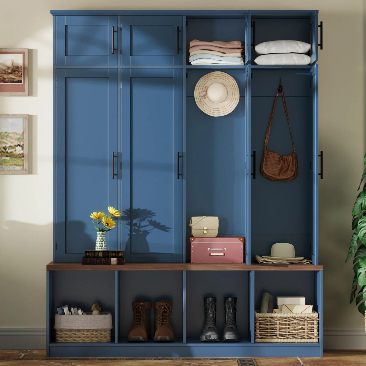Euroco Entryway Hall Tree with Bench, Shoe Storage, Coat Hooks & Cabinets �C Walnut Finish, Anti-Tip Design, Modern Mudroom Organizer