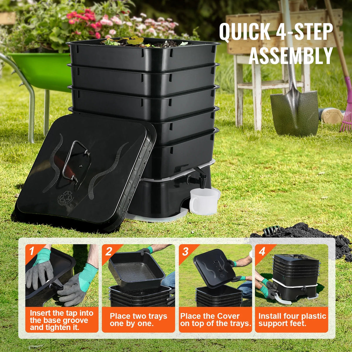 KFFKFF 5-Tier Worm Recycler, 50 L Indoor and Outdoor Worm Composting Container, Eco-Friendly Worm Cultivation Set, for Repurposing Kitchen Scraps, Worm Excreta, Worm Liquid