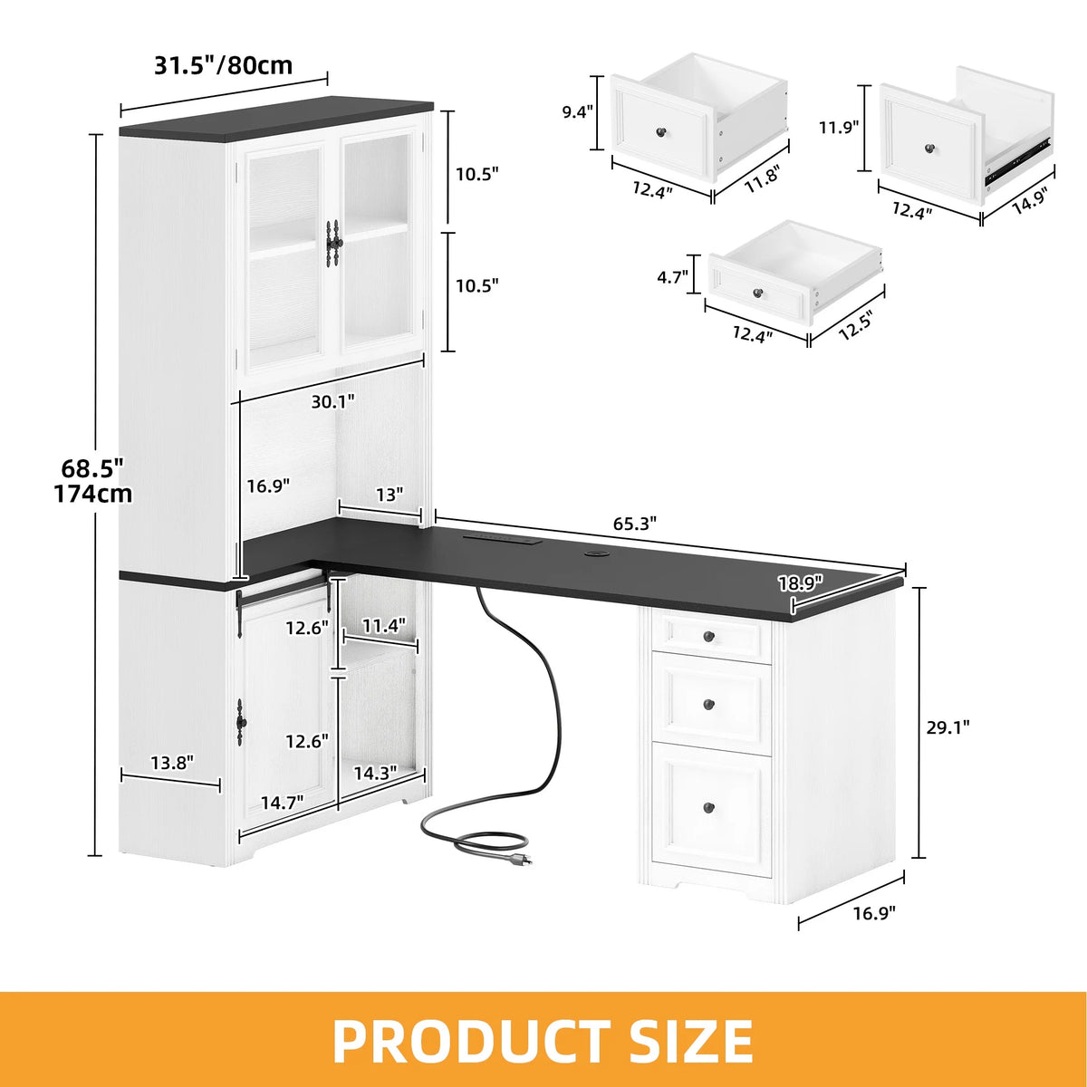 Craftian Executive Desk with Hutch, L Shape Computer Desk, Wood Office Desk with Storage Cabinet, White