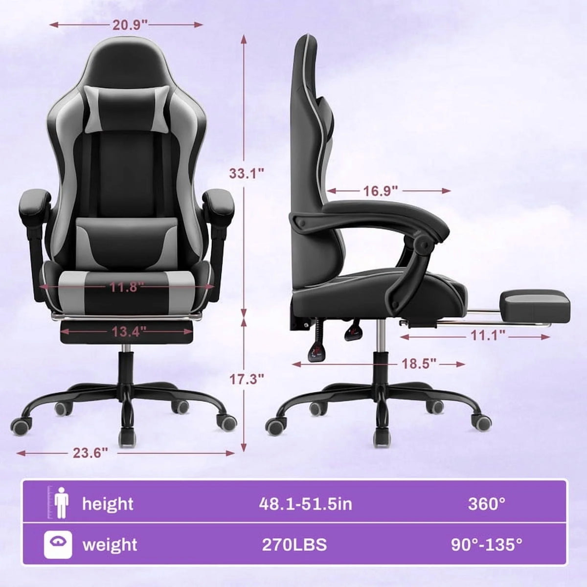 Lacoo PU Leather Gaming Chair Massage Ergonomic Gamer Chair Height Adjustable Computer Chair with Footrest & Lumbar Support, White