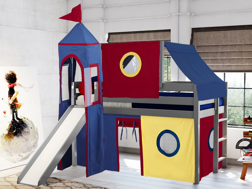JACKPOT! Castle Low Loft Bed with Slide, Red Yellow and Blue Tent and Tower, Twin, Cherry