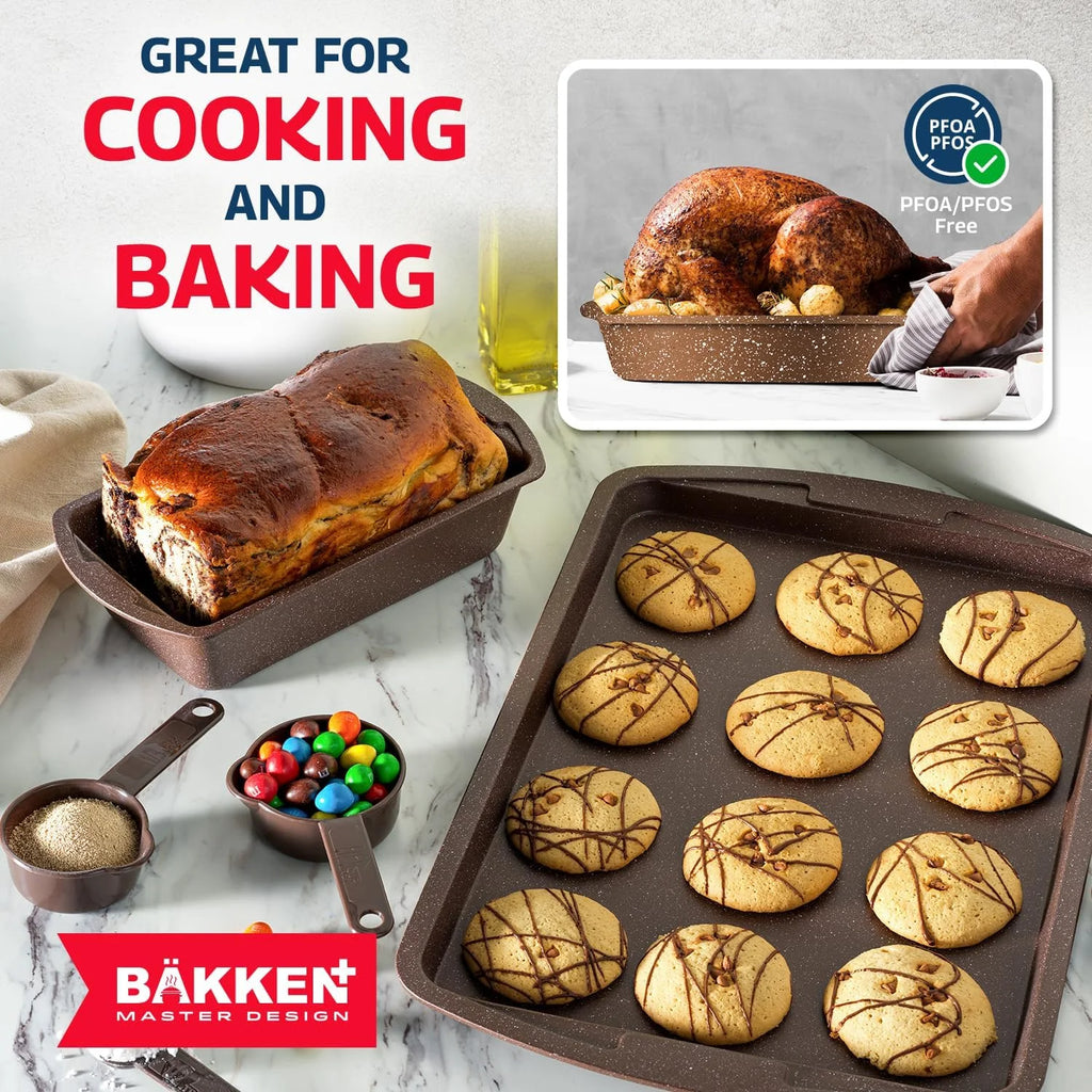Bakken Master 38 Piece Granite Cookware and Bakeware Set �C Nonstick Granite Coating, Pots and Pans with Detachable Handles and Tempered Glass Lids, 6-piece Bakeware set, 12-piece Mixing Bowls,Brown