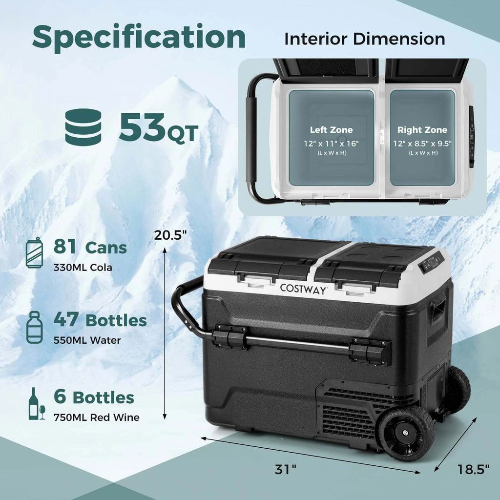 Costway Dual Zone 12V Car Refrigerator 53QT Portable Compressor Fridge Freezer (-4�H~68�H)  for RVs Black