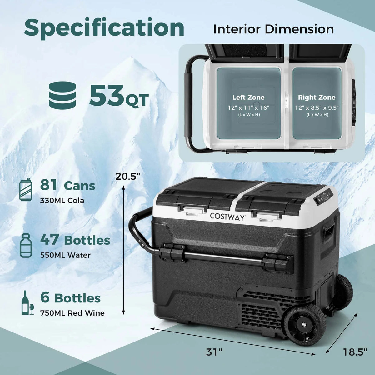 Costway Dual Zone 12V Car Refrigerator 53QT Portable Compressor Fridge Freezer (-4�H~68�H)  for RVs Black