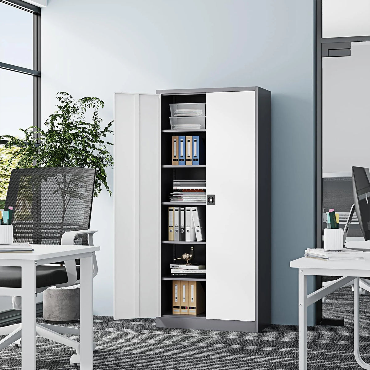 Fesbos Metal Garage Storage Cabinet,71" H Tall White Cabinet with 2 Doors and 5 Adjustbale Shelves,Lockable Tool Cabinet for Garage, Basement, Home Office