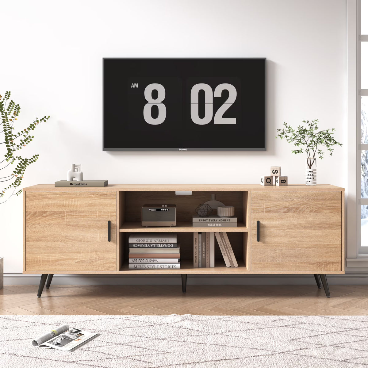 ChVans 70 Inch Mid Century Modern TV Stand for TVs up to 80 inches, Wood TV Stand with Storage, Entertainment Center for Living Room Bedroom, TV Media Console