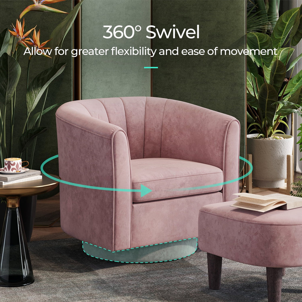 LINSY HOME Swivel Accent Chair with Ottoman, Velvet Barrel Chair for Living Room, Blue