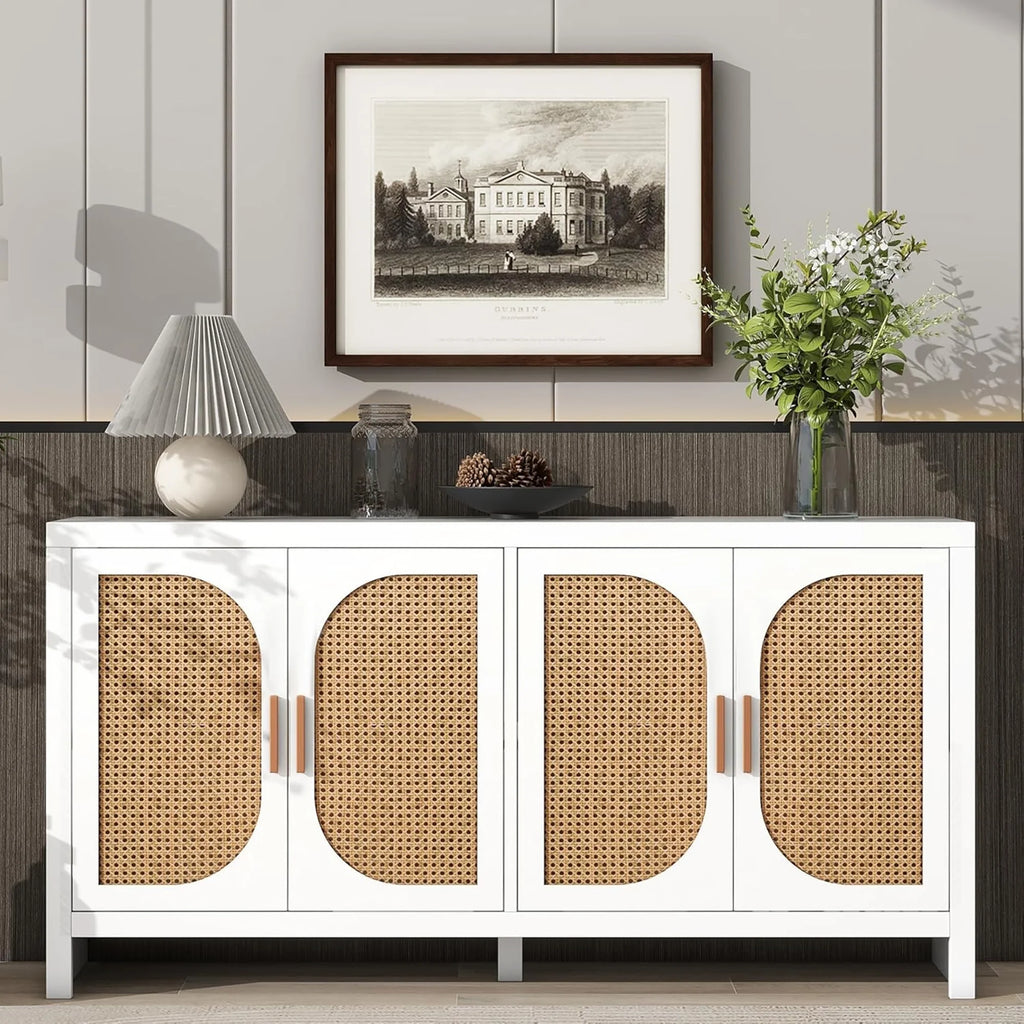 Modern Rattan Sideboard Buffet Cabinet, Kitchen Storage Cabinet, Living Room TV Stand for TVs up to 65", Entertainment Center with Adjustable Shelf, for Dining Living Room Hallway, White