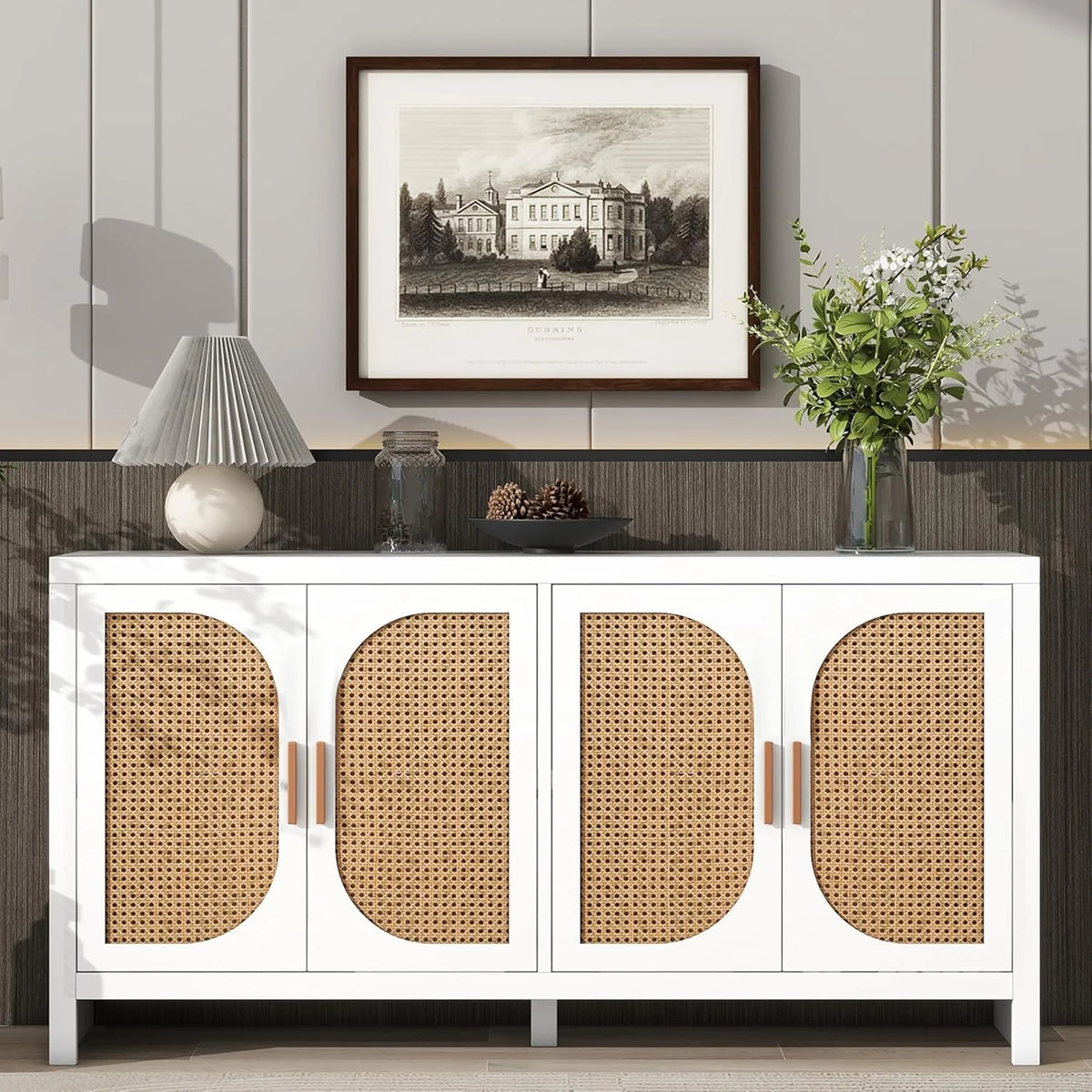 Modern Rattan Sideboard Buffet Cabinet, Kitchen Storage Cabinet, Living Room TV Stand for TVs up to 65", Entertainment Center with Adjustable Shelf, for Dining Living Room Hallway, White