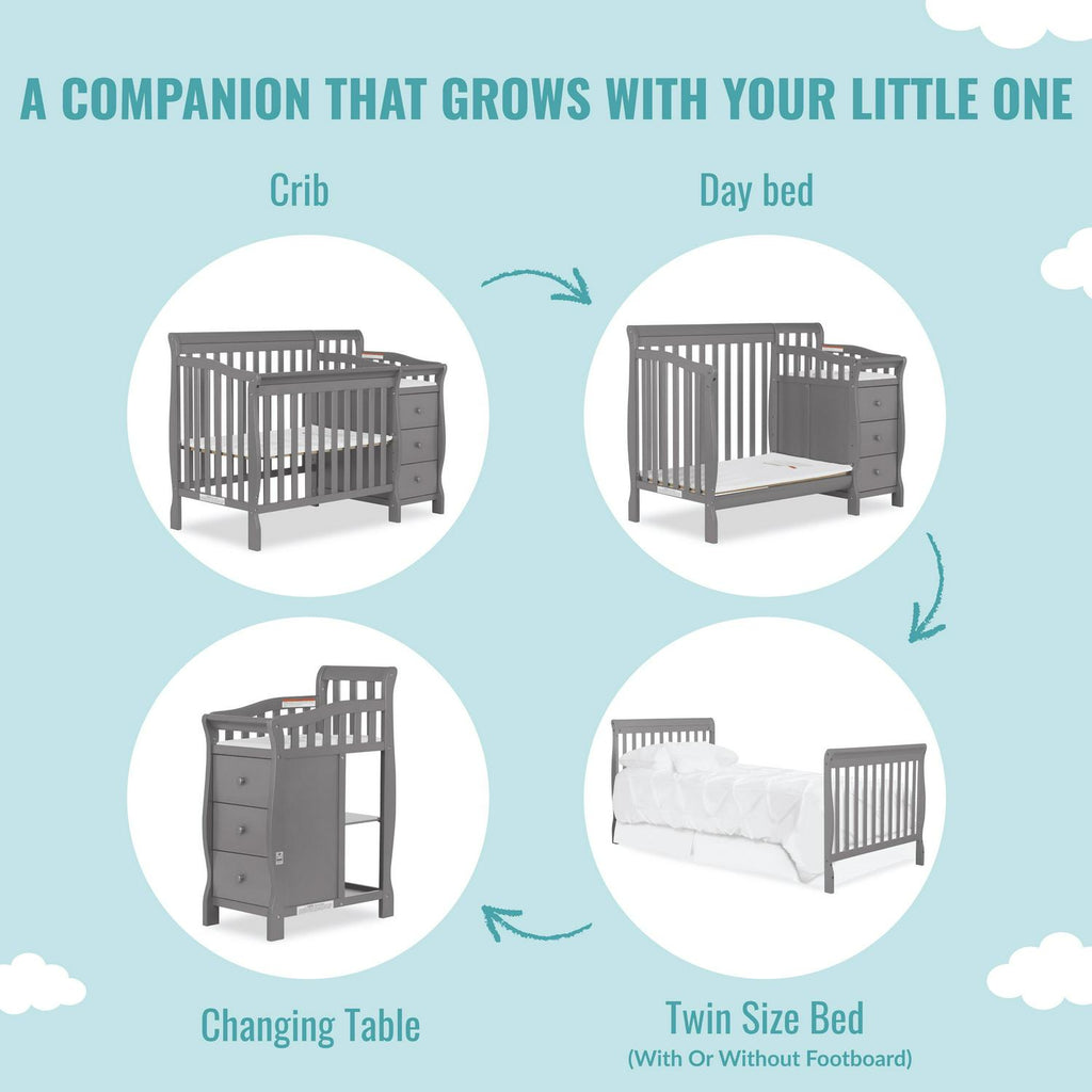Dream On Me Jayden 4-in-1 Convertible Mini Crib and Changer. Storm Grey