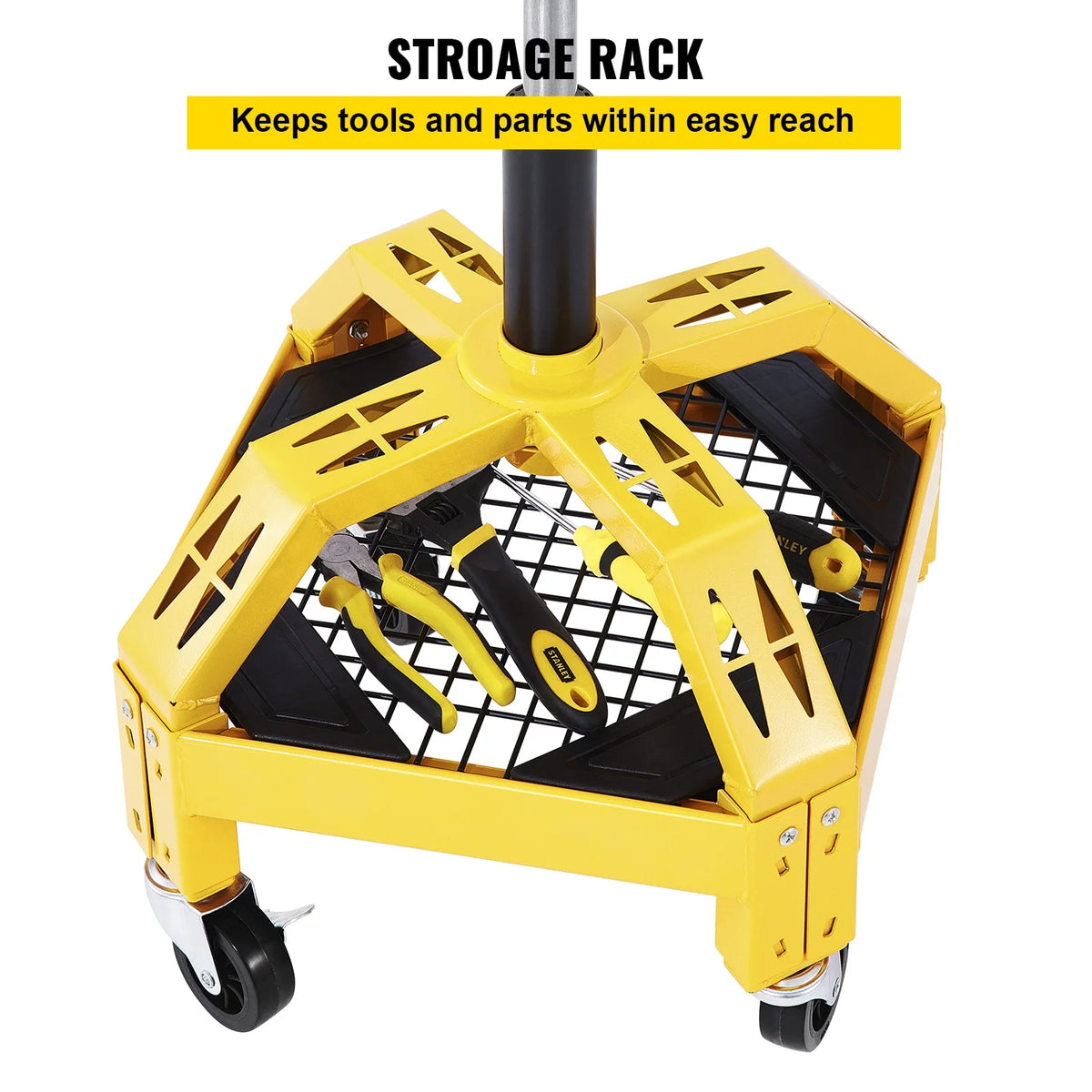 BENTISM Rolling Garage Stool, 300lbs Capacity, Adjustable Height from 24 in to 28.7 in, Mechanic Seat with 360-degree Swivel Wheels and Tool Tray, for Workshop, Auto Repair Shop, Yellow