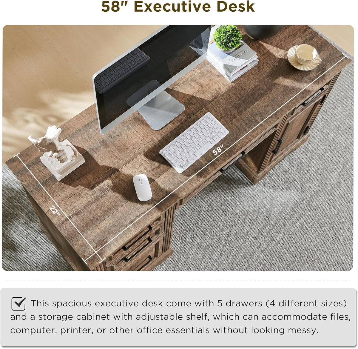 T4TREAM Farmhouse Wood 58" Executive Desk, Home Office 30" High Computer Desk with Drawers and Storage Cabinet, White