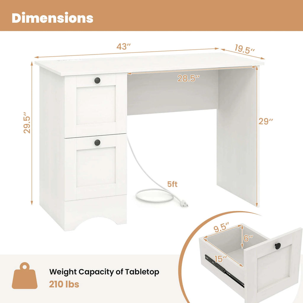 Costway 43" Home Office Desk with Charging Station Compact Study Writing Desk Walnut