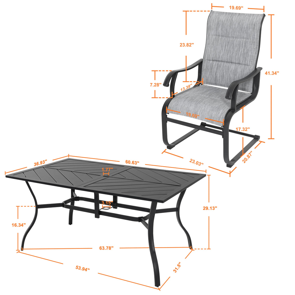Nuu Garden 7 Piece Outdoor Dining Set, Outdoor Padded Textilene Patio Chairs and 61'' Rectangular Dining Table with Umbrella Hole, Grey & Black