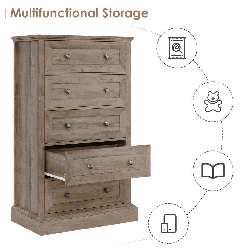 Homfa 5 Drawer Bedroom Dresser, Tall Wood Nightstand Storage Cabinet for Office Living Room,Gray