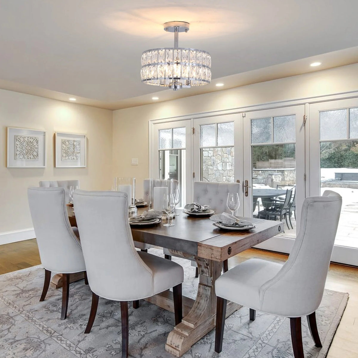 3-Light Crystal Semi Flush Mount Lights for Living Room Hallway French Gold
