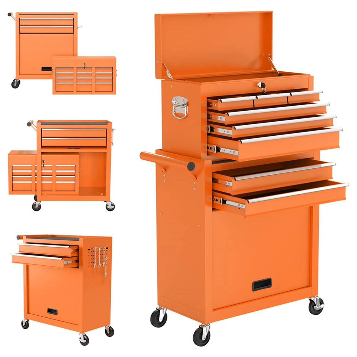 Aukfa Tool Chest, 2 in 1 Steel Rolling Tool Box & Cabinet On Wheels for Garage, 8-Drawer, Orange