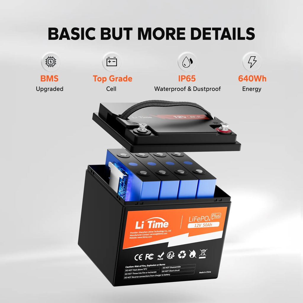 LiTime 12V 50Ah LiFePO4 Lithium Ion Battery, 4000+ Cycles, Lighter LiFePO4 Battery for Camping Trolling Motor Solar