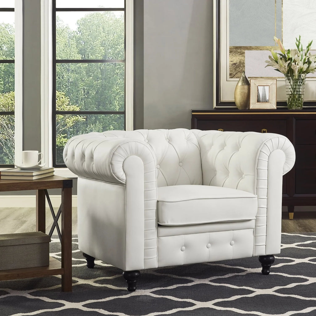 Naomi Home Emery Chesterfield Sofa & Accent Chair with Rolled Arms, Tufted Cushions, White