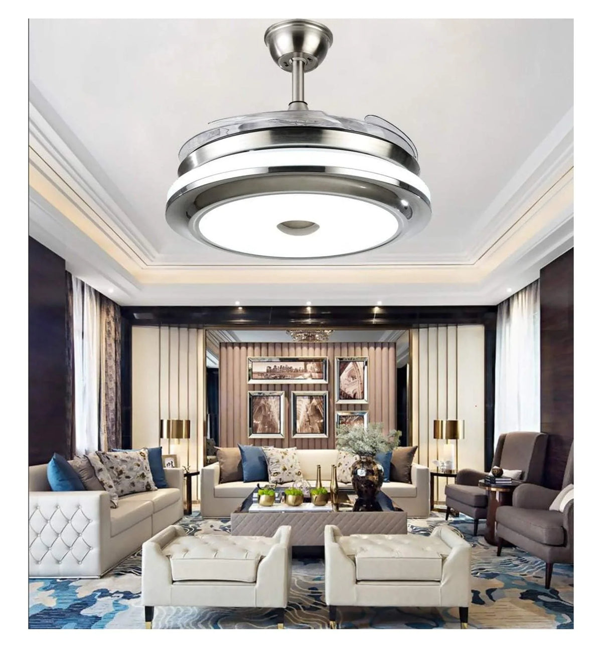 XylehR 42" Modern Ceiling Light with Fans Control, 4 Retractable Blades with 3 Light Color Change Ceiling Fan for Living Bedroom Restaurant, Silver Color with Silent Motor (42In-1 Update)