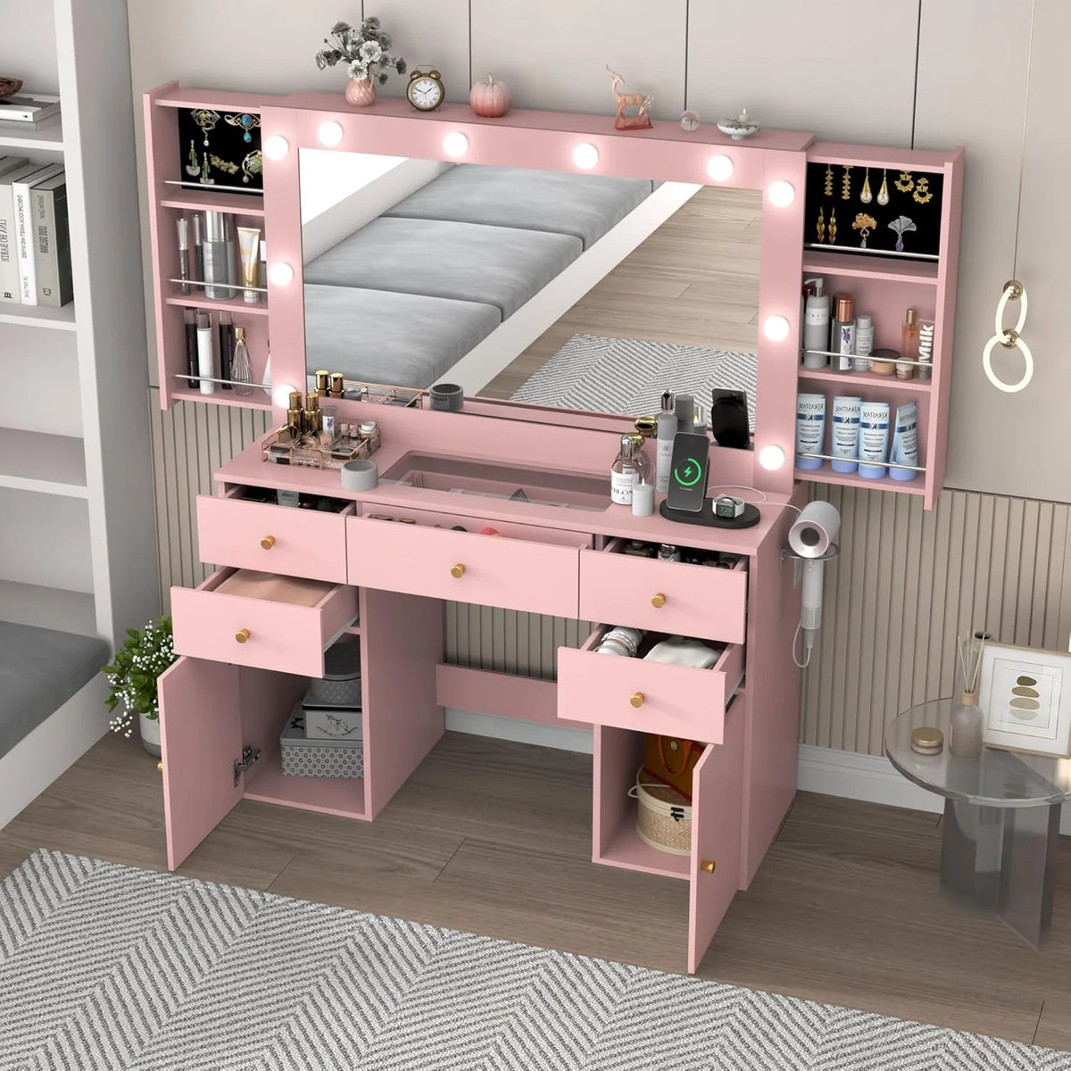 White Vanity Desk with Large Lighted Mirror & Power Outlet, Makeup Vanity Table with Glass Top & Drawers, Sliding Storage, 44.1" Large Makeup Vanity Table for Women Girls, White