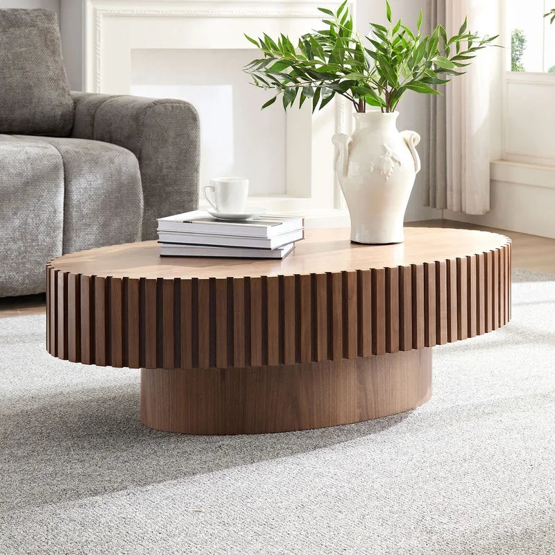 FFH 43.7 inch Oval Coffee Table for Living Room,Handcraft Rustic Corner Coffee Table Nature Wood Relief Sturdy Pedestal for Apartmen,Side Table Centre Table,Nature Wood