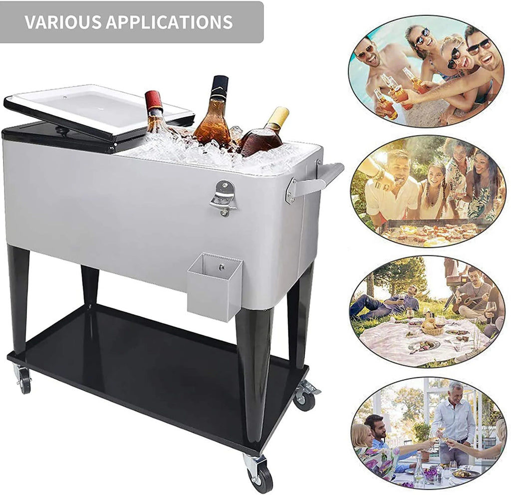 FreeLung 80QT Rolling Cooler Cart with Wheels Ice Chest Outdoor Backyard Coolers on Wheels Silver
