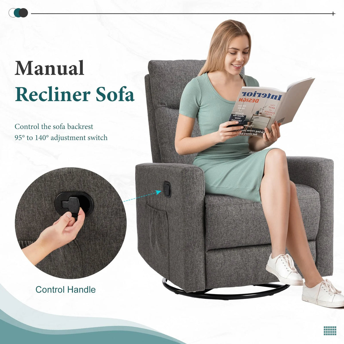 Recliner Message Chair with Footrest, Swivel Rocking Glider, High Back Upholstered Deep Seat for Living Room, Grey