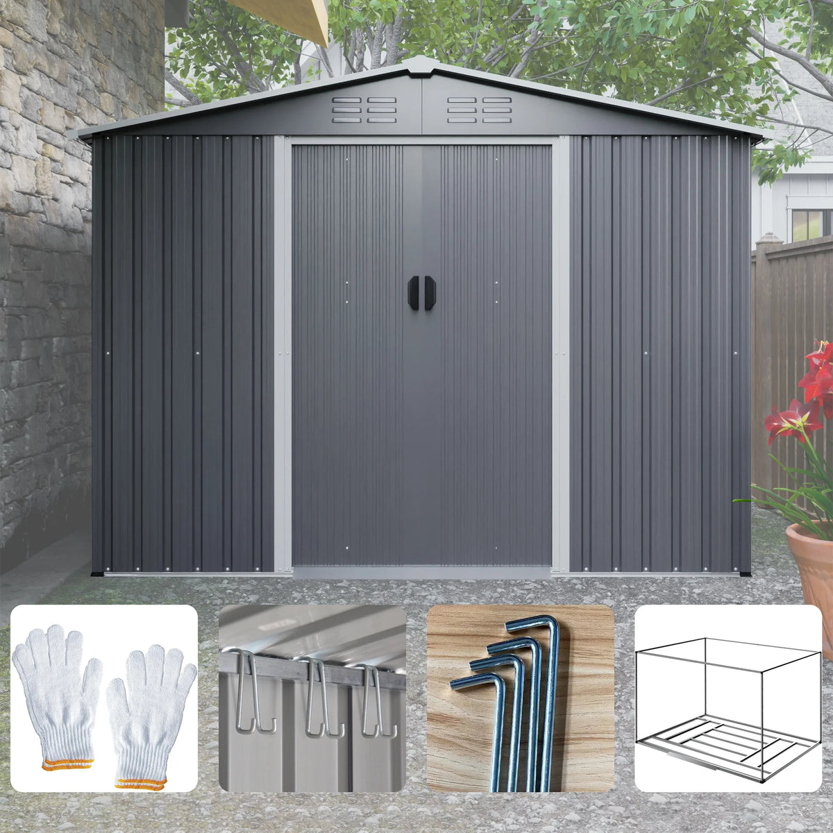 LZBEITEM 10 x 10 ft Outdoor Storage Shed with Floor Frame Kit, Galvanized Steel Garden Sheds, Garden Tool Shed with Double Lockable Doors for Backyard Patio Lawn, Grey