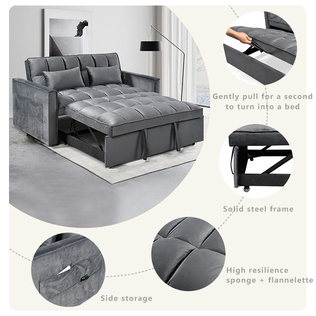 BINBANK Black Velvet 3-in-1 Convertible Sleeper Sofa Bed a?? USB Charging, Adjustable Backrest Pull-Out Futon Loveseat Couch for Living Room, Apartment & Small Space