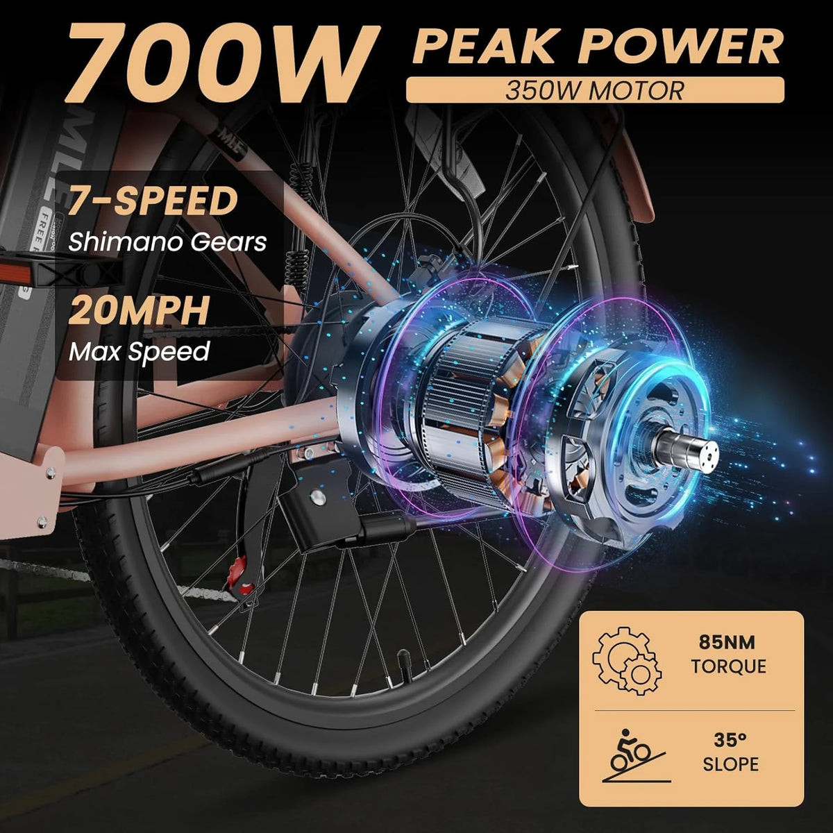 MOONCOOL Electric Bicycle for Adults 350W , 7-Speed Ebike with 36V 10.4Ah Removable Battery， 40 Miles Range , 20 mph Electric Commuter Bike for Women Men, Certified to UL 2849 by SGS