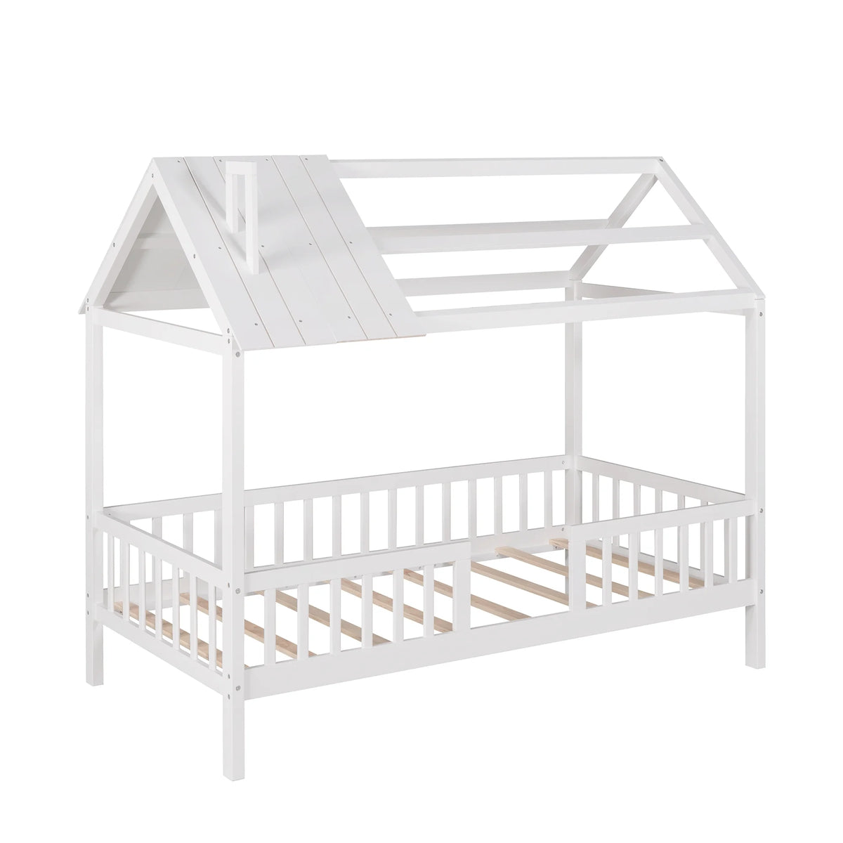 Euroco Twin Size Platform Bed, House Bed with Fence for Kids, Gray