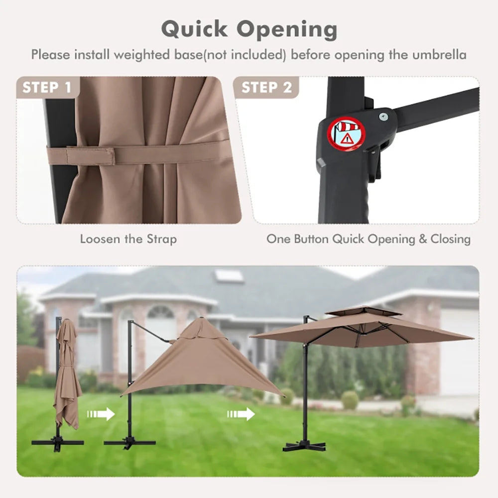 GVN 9.5 Feet Cantilever Patio Umbrella with 360° Rotation and Double Top-Coffee, Patio Offset Umbrella with Easy Tilt Adjustment, Cantilever Patio Umbrellas, Sunshade Umbrella Canopy