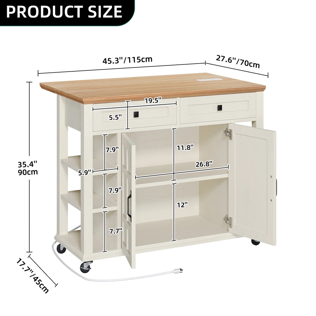 DWVO Kitchen Storage Cart with Power Outlets, Rolling Kitchen Island with Storage Shelves and Drawers, Blue Gray