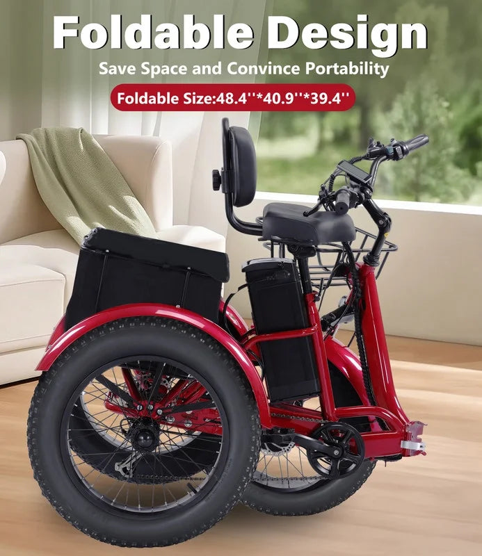 YEBEI Electric Tricycle for Adults Folding E-Trike Motorized Tricycle Electric 3 Wheels Trike Powerful 500W Motor Electric Tricycle 48V15AH Lithium Battery Max 20MPH 20*4.0” Fat Tire Orange