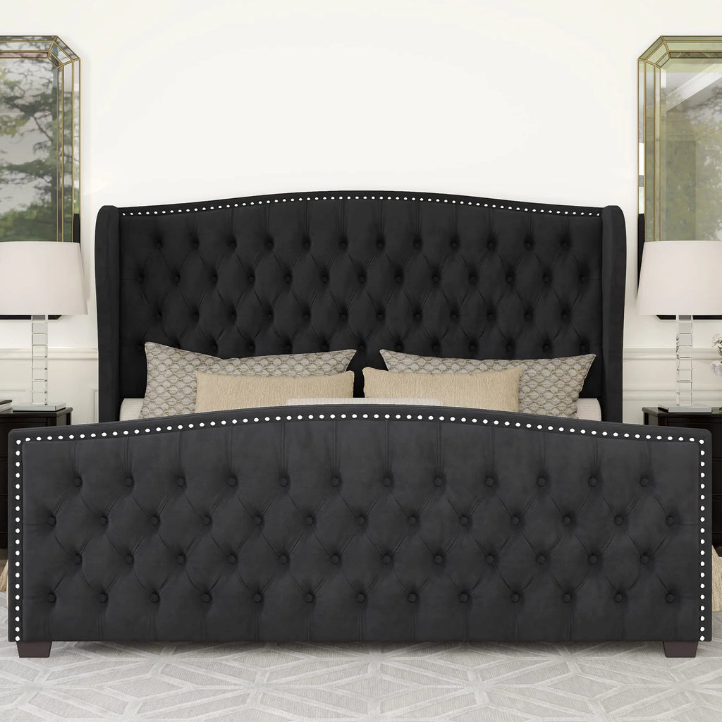 VANACC Queen Size Bed Frame, Velvet Upholstered Bed with Deep Button Tufted Wingback Headboard��Grey