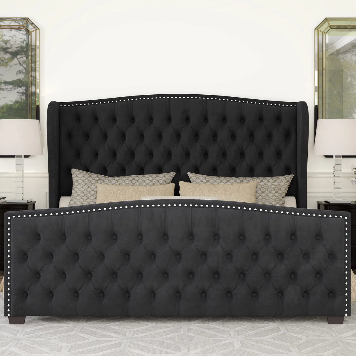 VANACC Queen Size Bed Frame, Velvet Upholstered Bed with Deep Button Tufted Wingback Headboard��Grey
