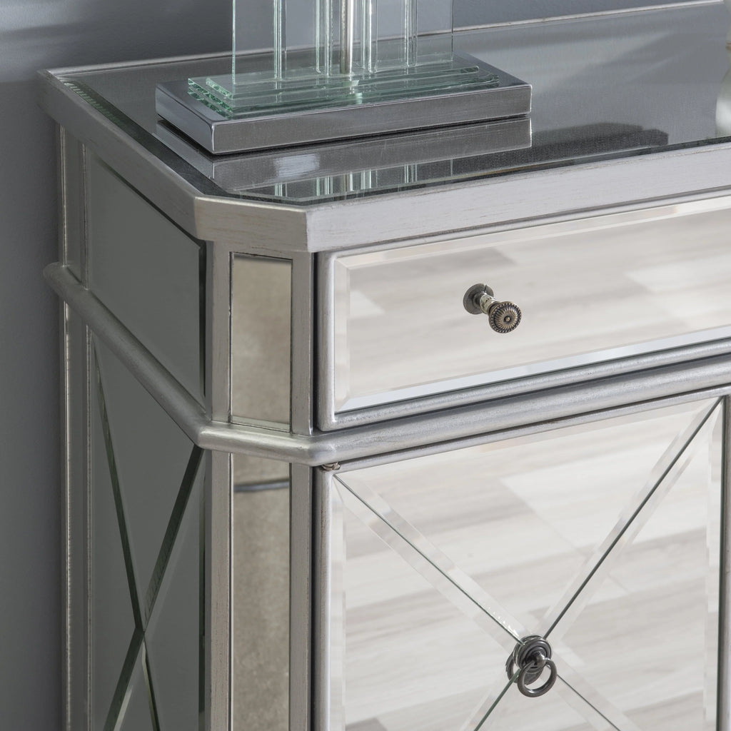 Powell Deville 2-Door Single Drawer Indoor Console Table with Shelves, Mirrored Surfaces and Luxe Silver Wood