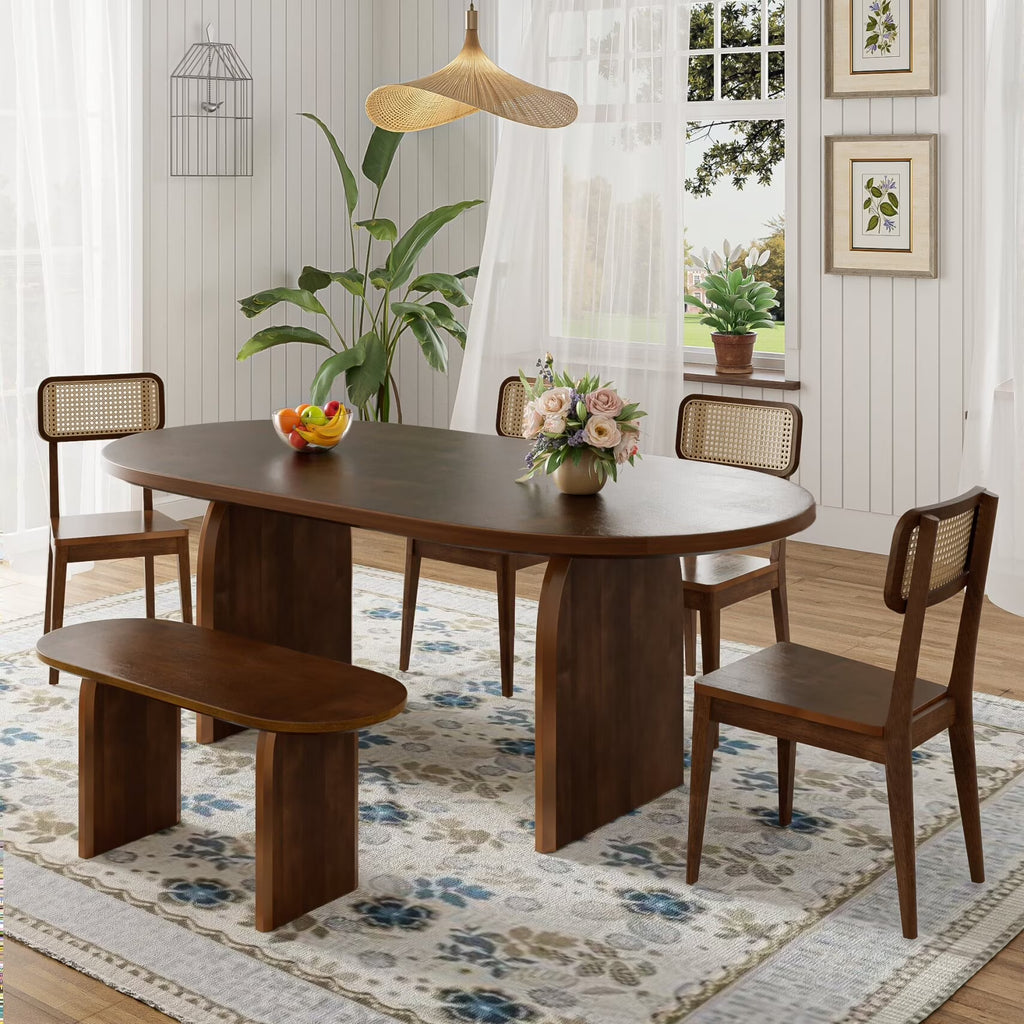 6-Piece Dining Table Set, Farmhouse Oval Kitchen Table and 4 Rattan Chairs & Bench, Rubber Wood Dining Room Set for 6, Brown