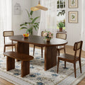 6-Piece Dining Table Set, Farmhouse Oval Kitchen Table and 4 Rattan Chairs & Bench, Rubber Wood Dining Room Set for 6, Brown