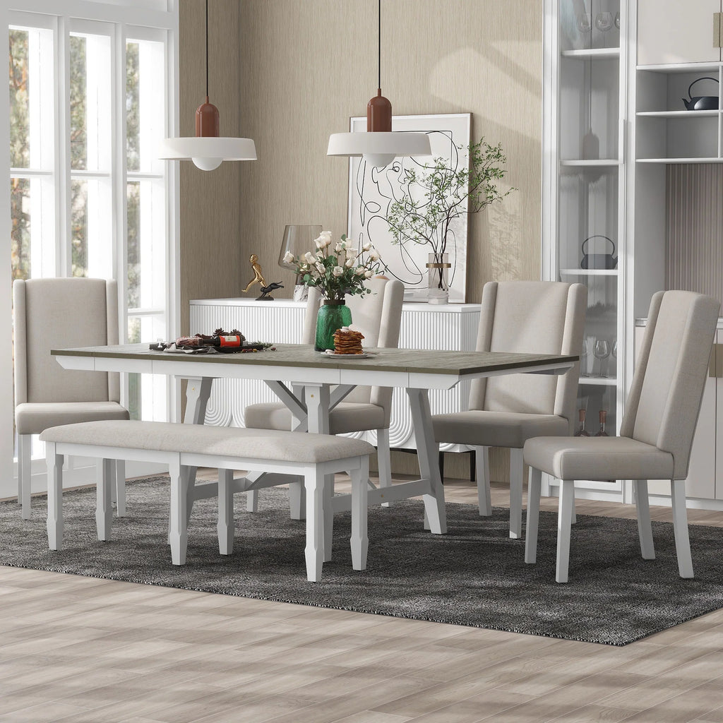 6 Piece Extendable Dining Table Set, Atumon Wood Dining Room Set for 6, Dining Table Set with 4 Beige Cushioned Chairs and Bench, Farmhouse Dining Table Set Furniture for Kitchen Dining Room, Natural