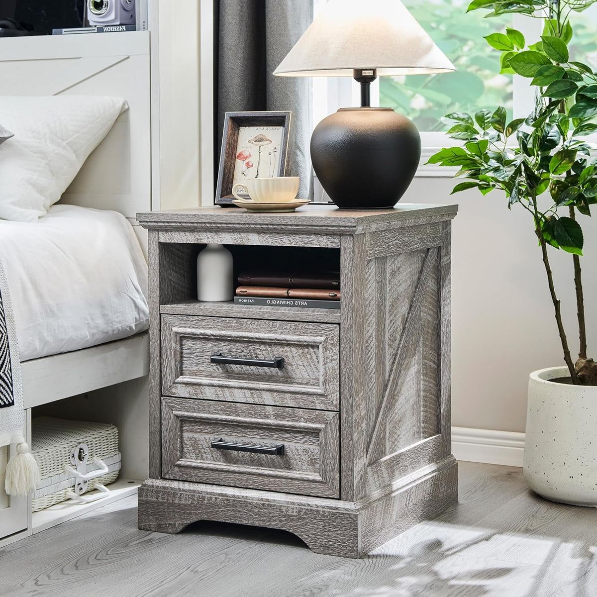 ACCOHOHO Nightstands Set of 2 with Charging Station, Rustic End Table with 2 Drawers Farmhouse Side Table with 3-tier Storage for Bedroom Living Room, White