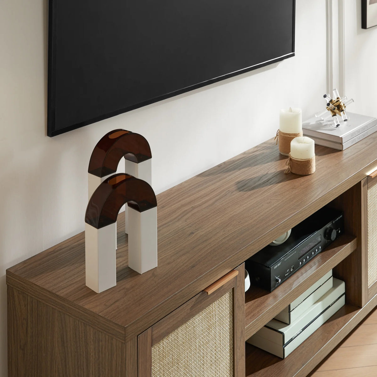 OAKHAM Rattan Tv Stands for 65 Inch Tv, Modern Farmhouse Entertainment Center, TV Console Table with Storage, Wood Media Console with Cabinet, Special Walnut