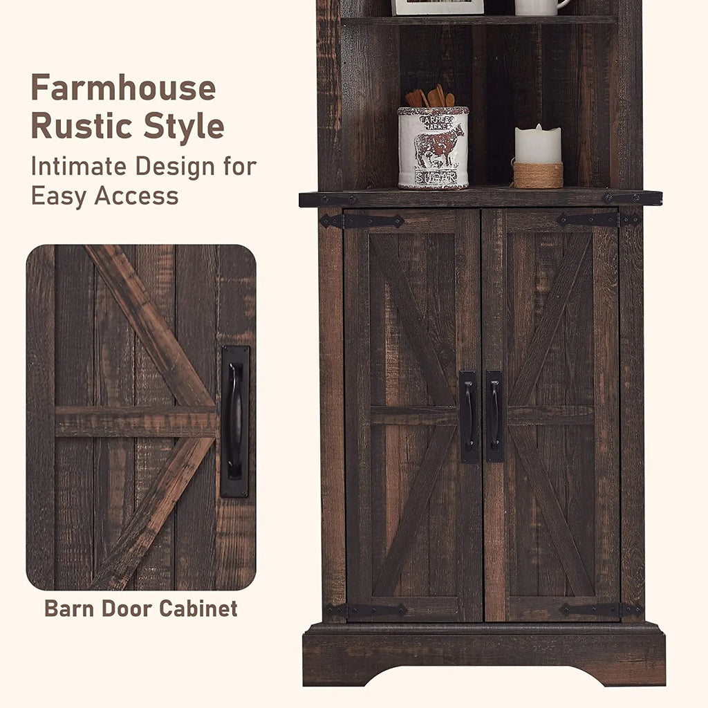 OKD Farmhouse Tall Corner Cabinet with Barn Door & Adjustable Shelves, 68" Rustic Wood Corner Cabinet with Storage Cabinet for Bathroom, Kitchen, Antique White