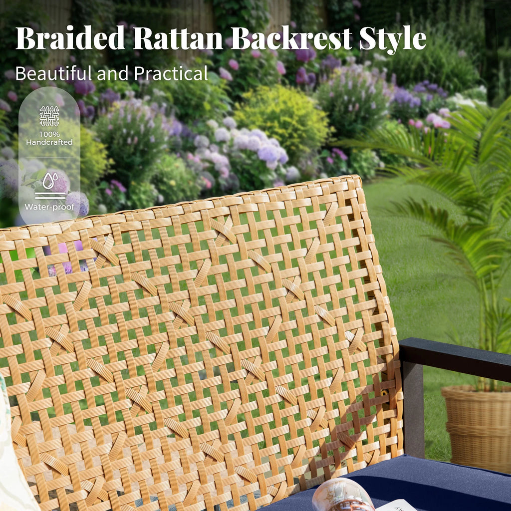 MF Studio 4-Piece All-Weather Rattan Patio Furniture Set, Outdoor Conversation Set with Wood Table, Brown and Beige