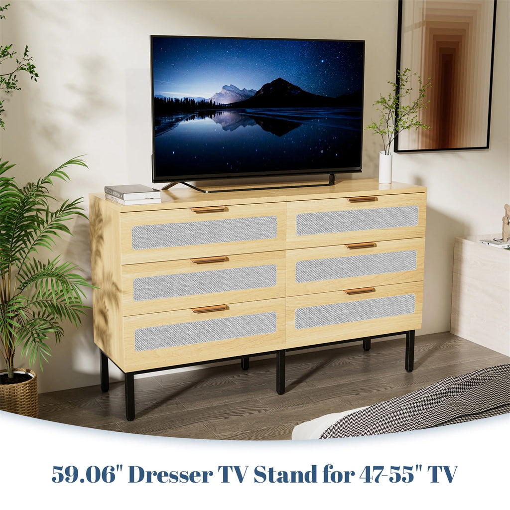 Planntonneo Boho Fluted 6 Drawer Dresser, Wooden Chests for Bedroom