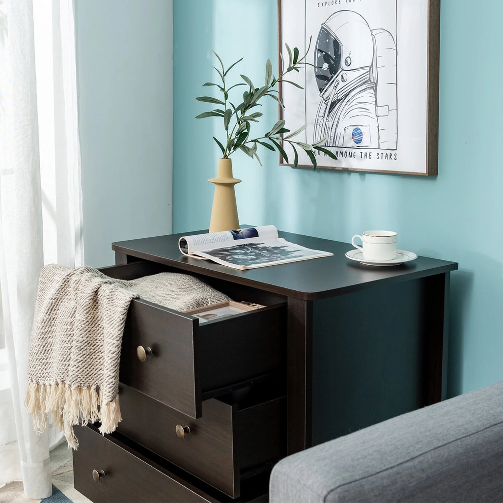 Gymax 3 Drawer Dresser Chest of Drawers Bedside Table for Living Room Bedroom Espresso