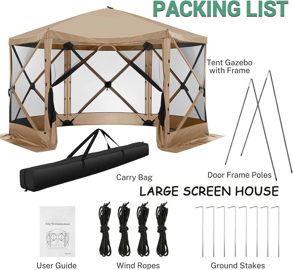 COBIZI 12x12 Pop Up Canopy Gazebo, Outdoor Canopy Tent Screen House with 5 sidewalls and Netting for Camping, Waterproof, UV Resistant, Ez Set-up Party Tent with Carrying Bag and Ground Stakes,Brown