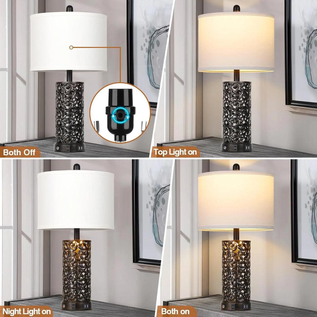Cinkeda Table Lamp Set of 2 for Living Room Bedroom with USB Ports AC Outlet 3 Way Dimmable Touch Nightlight Farmhouse White Floral Nightstand Bedside Lamps