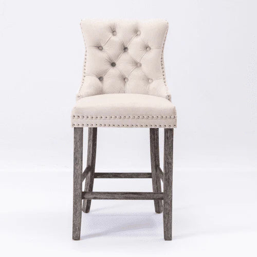 Velvet Bar Stools Set of 2, Upholstered Counter Height Bar Chair with Rivet and Button Trim, Bar Stool with Back and Footrest, for Dining Room, Kitchen, Pub, Gray